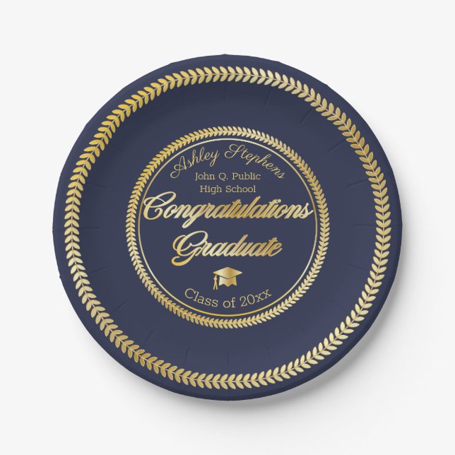 Elegant Gold | Blue Grad Cap Class of 2023 Paper Plates (Front)