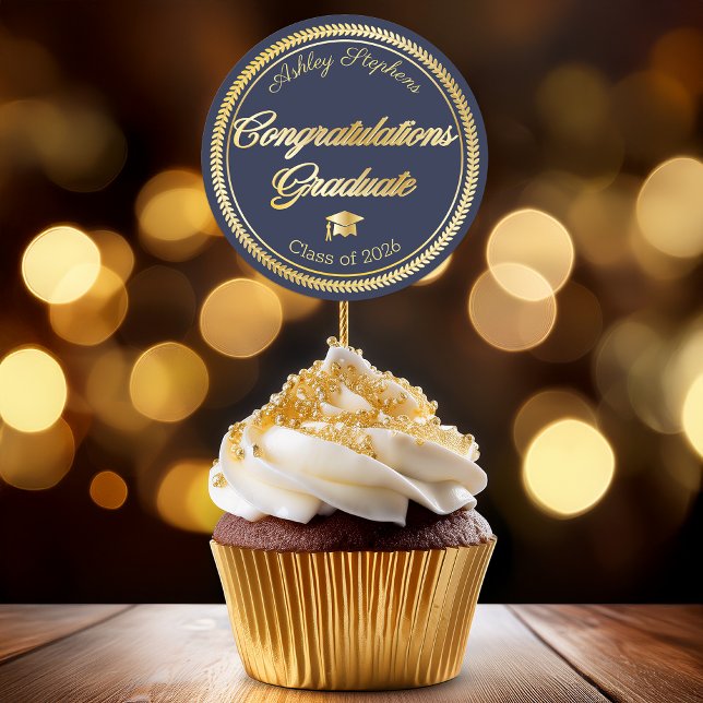 Elegant Gold | Blue Grad Cap Class of 2026 Classic Round Sticker (Elegant Congratulations Graduate Class of 2026 Dark Blue Classic Round Favor Sticker - )