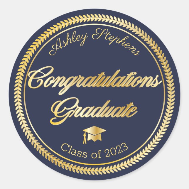 Elegant Gold | Blue Grad Cap Class of 2026 Classic Round Sticker (Front)