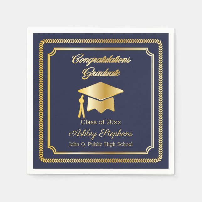 Elegant Gold | Blue Grad Cap Class of 2026 Napkins (Front)