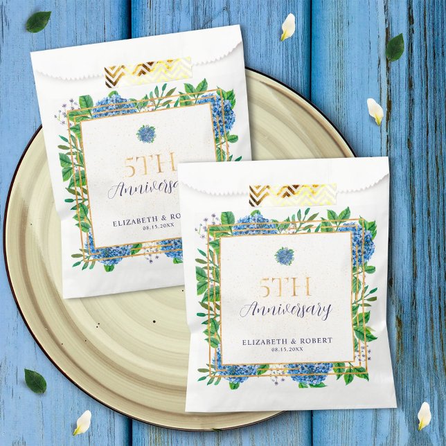 Elegant Gold Blue Hydrangea 5th Anniversary Party Favor Bag (Creator Uploaded)