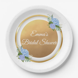 Elegant Gold & Blue Hydrangea Bridal Shower Paper Plates