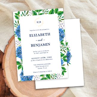Elegant Gold Blue Hydrangeas Monogram Wedding