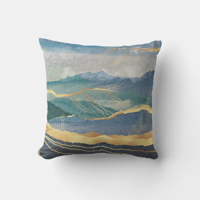 Elegant Gold Blue Landscape Art Throw Pillow (Front)