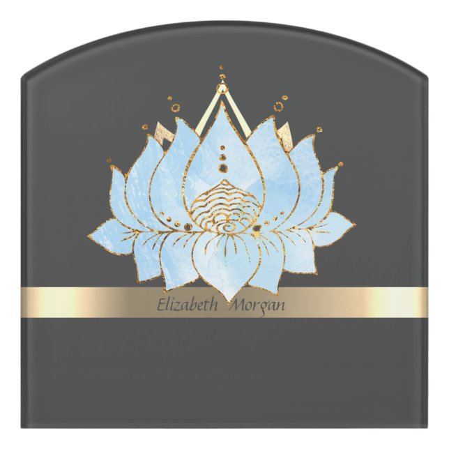 Elegant Gold Blue Lotus Stripe Door Sign (Contour Front)