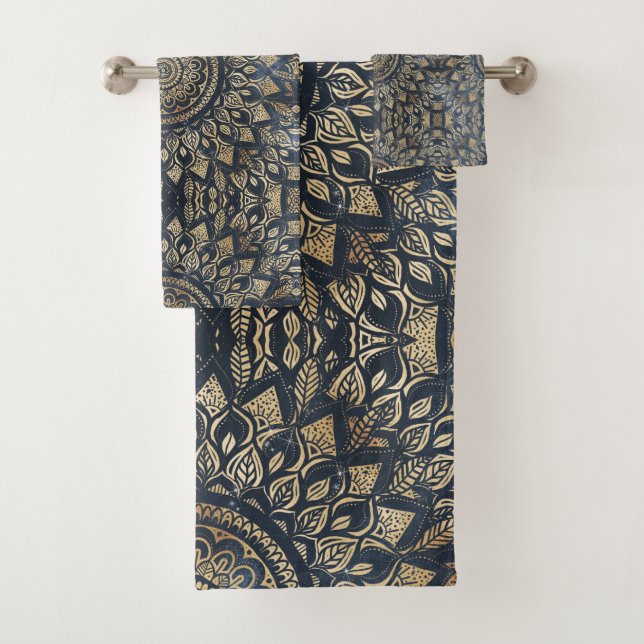 Elegant Gold Blue Mandala Floral Bath Towel Set (Insitu)