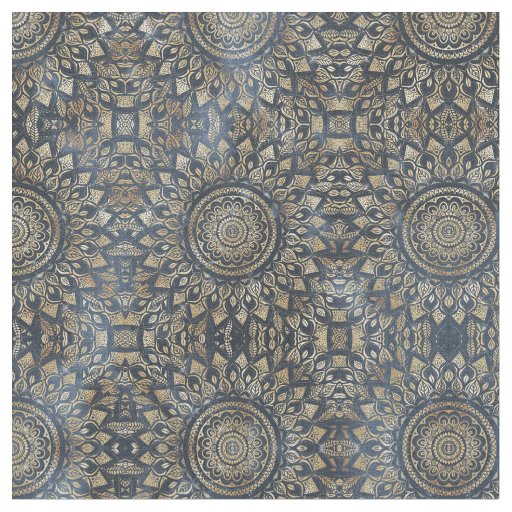 Elegant Gold Blue Mandala Floral Fabric