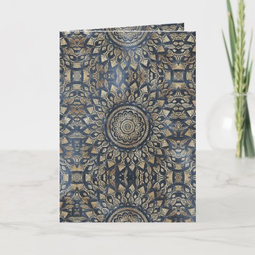Elegant Gold Blue Mandala Floral Holiday Card