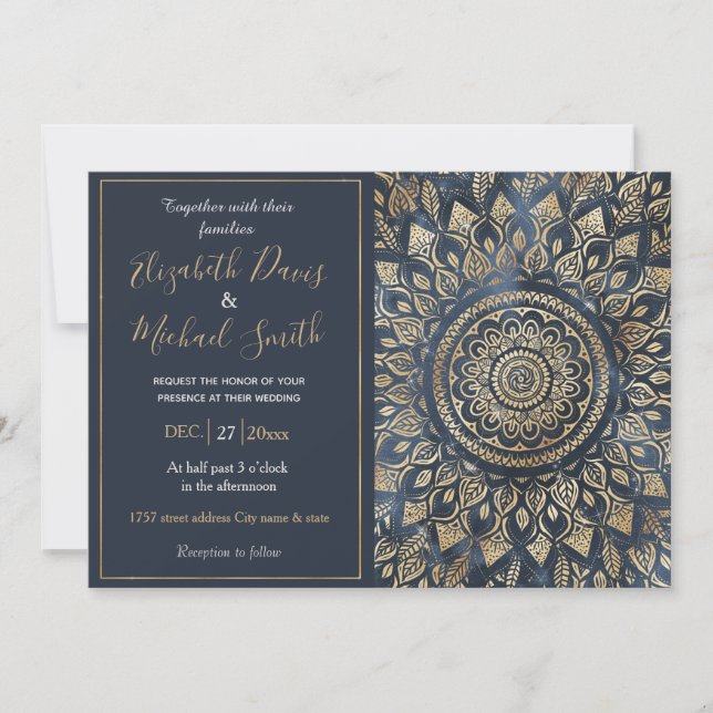 Elegant Gold Blue Mandala Floral Invitation (Front)
