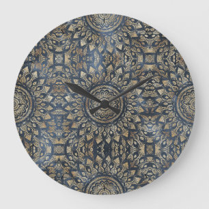 Elegant Gold Blue Mandala Floral Large Clock