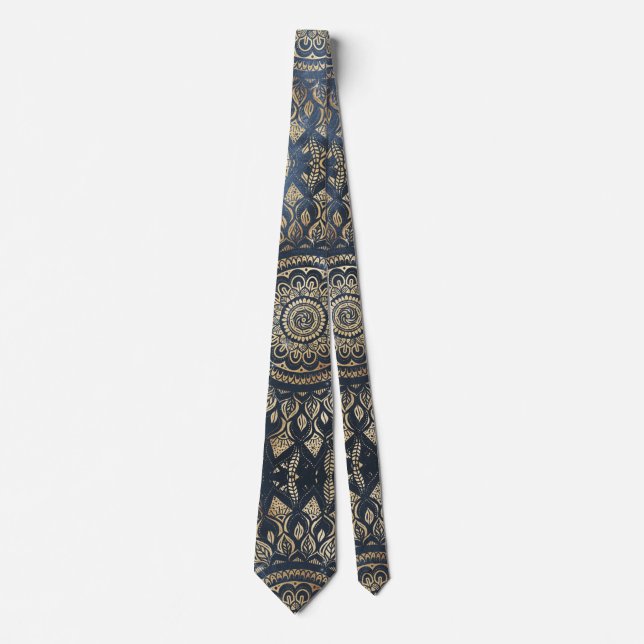 Elegant Gold Blue Mandala Floral Neck Tie (Front)