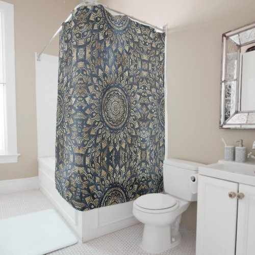 Elegant Gold Blue Mandala Floral Shower Curtain