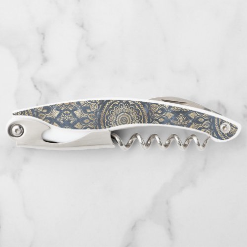 Elegant Gold Blue Mandala Floral Waiters Corkscrew