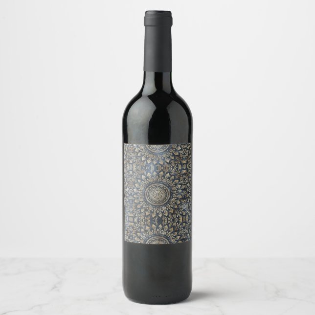 Elegant Gold Blue Mandala Floral Wine Label (Front)