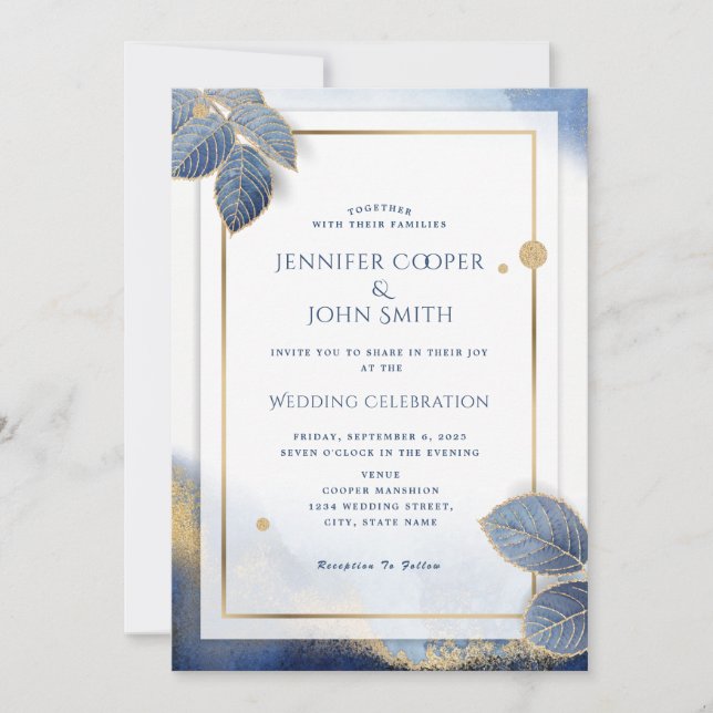 Elegant Gold Blue Marble Botanical Wedding Invitation (Front)