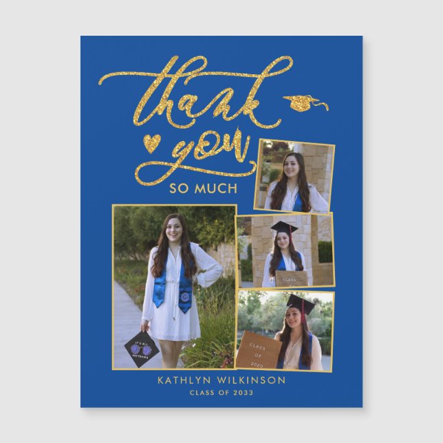 Elegant Gold Blue Multi Photo Graduation Thank You (Front)
