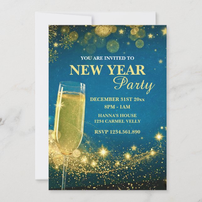 Elegant Gold & Blue New Year's Eve Party Invitation (Front)