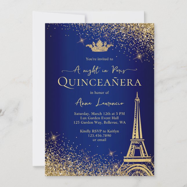 Elegant Gold Blue Paris Night Theme Quinceanera Invitation (Front)