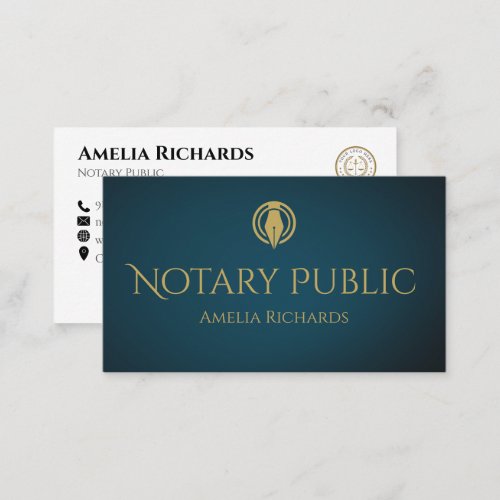 Elegant Gold Blue Pen Nib Icon Notary Public Business Card