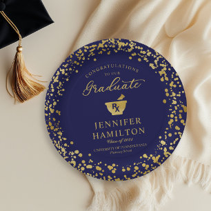Elegant Gold Blue Pharmacy School Graduation Paper Plates