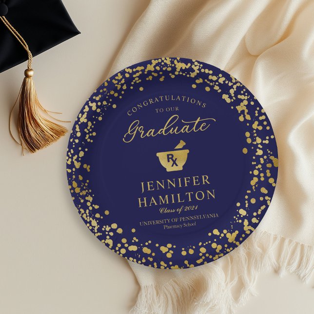 Elegant Gold  Blue Pharmacy School Graduation Paper Plates (Creator Uploaded)