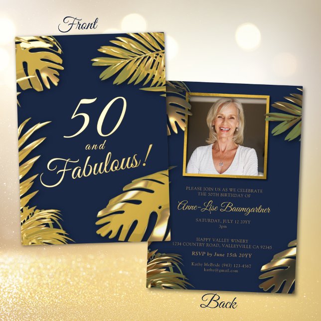 Elegant Gold Blue Photo 50th Fabulous Birthday  Foil Invitation (Creator Uploaded)