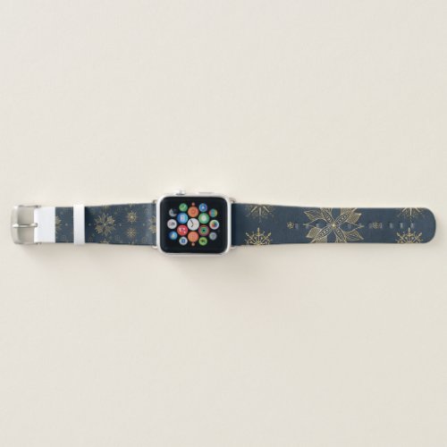 Elegant Gold Blue Poinsettias Snowflakes Pattern Apple Watch Band