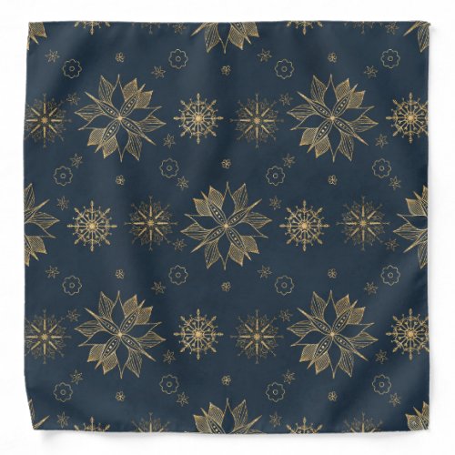 Elegant Gold Blue Poinsettias Snowflakes Pattern Bandana