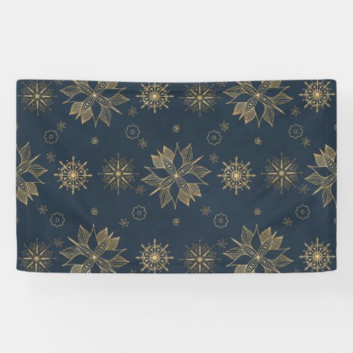 Elegant Gold Blue Poinsettias Snowflakes Pattern Banner