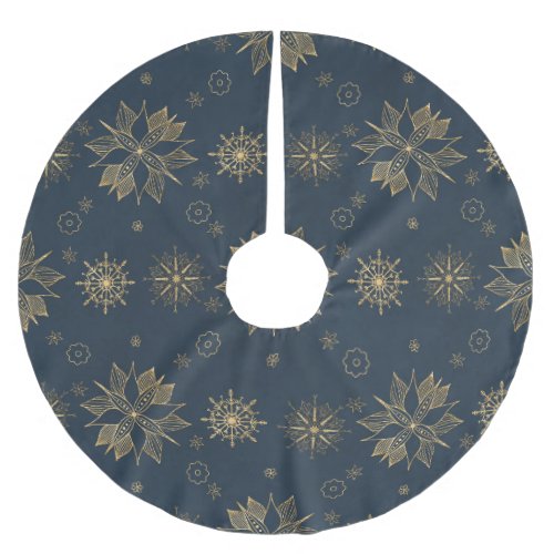 Elegant Gold Blue Poinsettias Snowflakes Pattern Brushed Polyester Tree Skirt