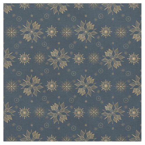 Elegant Gold Blue Poinsettias Snowflakes Pattern Fabric