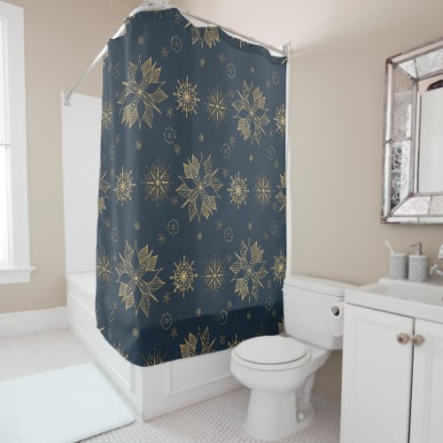 Elegant Gold Blue Poinsettias Snowflakes Pattern Shower Curtain