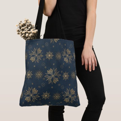 Elegant Gold Blue Poinsettias Snowflakes Pattern Tote Bag