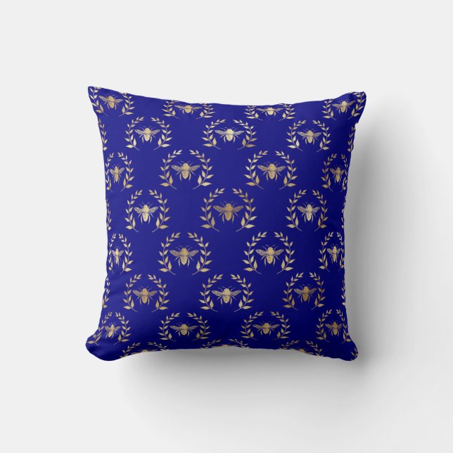 Elegant Gold & Blue Queen Bee Throw Pillow (Front)
