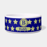 Elegant Gold & Blue Star Pattern Monogram Bowl<br><div class="desc">This design features a bold and luxurious pattern of shimmering gold stars set against a rich blue background, creating a striking contrast. The elegant monogram detail adds a personalized touch, blending classic sophistication with modern celestial style. Perfect for making a refined, high-impact statement.</div>