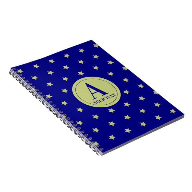 Elegant Gold & Blue Star Pattern Monogram Notebook (Right Side)