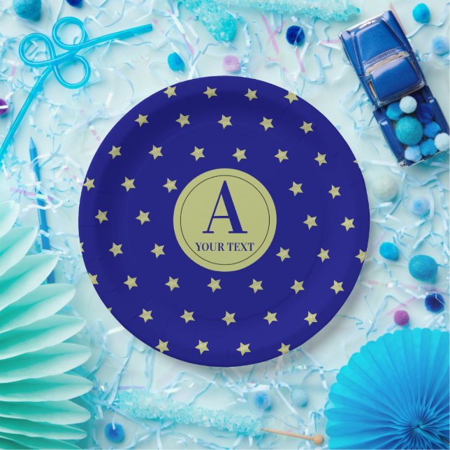 Elegant Gold & Blue Star Pattern Monogram Paper Plates (Party)
