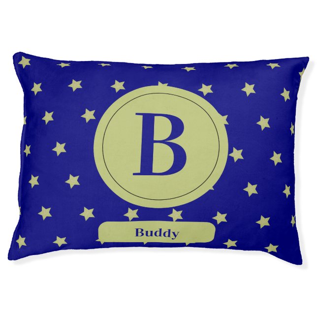 Elegant Gold & Blue Star Pattern Monogram Pet Bed (Front)