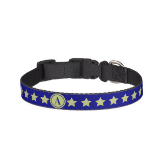Elegant Gold & Blue Star Pattern Monogram Pet Collar