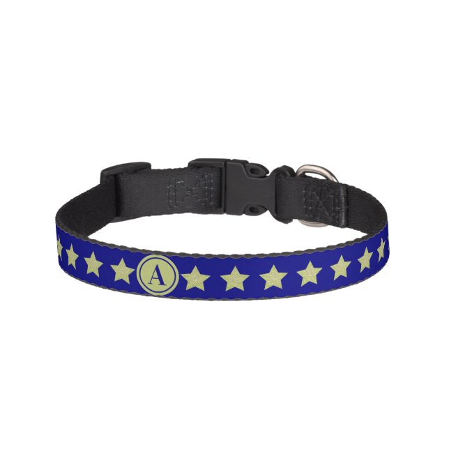 Elegant Gold & Blue Star Pattern Monogram Pet Collar (Front)