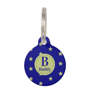 Elegant Gold & Blue Star Pattern Monogram Pet ID Tag