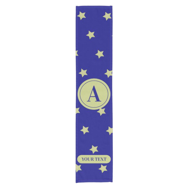 Elegant Gold & Blue Star Pattern Monogram Short Table Runner (Front)