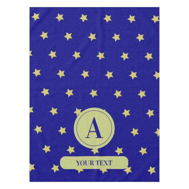 Elegant Gold & Blue Star Pattern Monogram Tablecloth (Front)