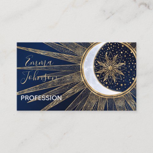 Elegant Gold  Blue Sun Moon Mandala Doodles Art Business Card