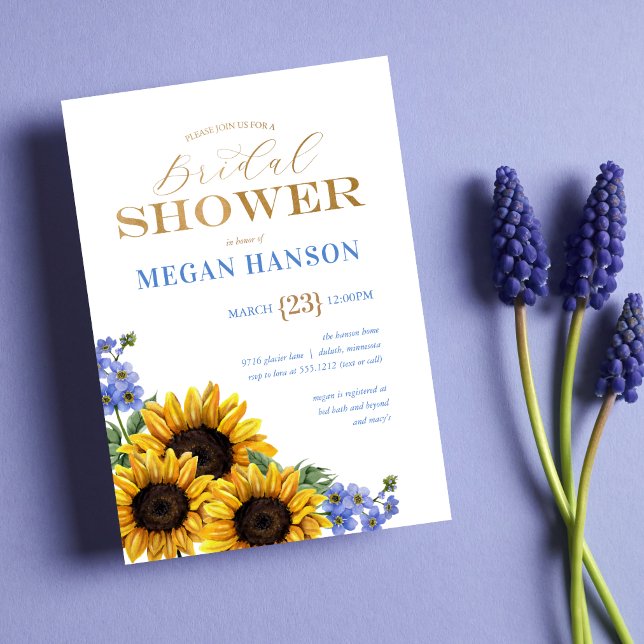 Elegant Gold Blue Sunflower Bridal Shower  Invitation