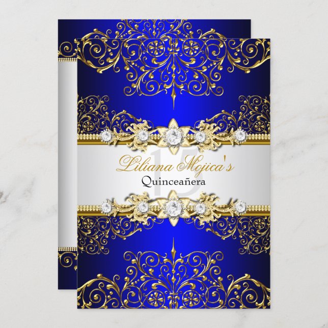 Elegant Gold Blue Vintage Glamour Quinceanera Invitation (Front/Back)