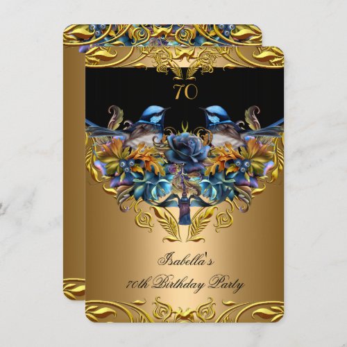 Elegant Gold Bluebird Bird Black 70th Birthday Invitation