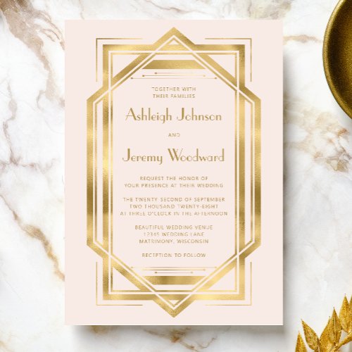 Elegant Gold Blush 1920s Deco Frame Wedding Invitation