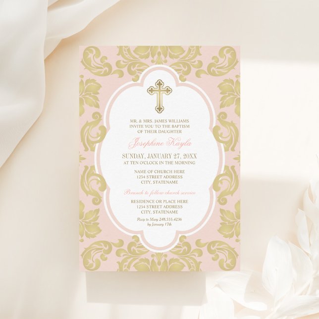 Elegant Gold Blush Damask Baby Girl Baptism Invitation (Creator Uploaded)