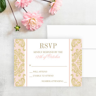 Elegant Gold Blush Damask Baby Girl Baptism RSVP Card